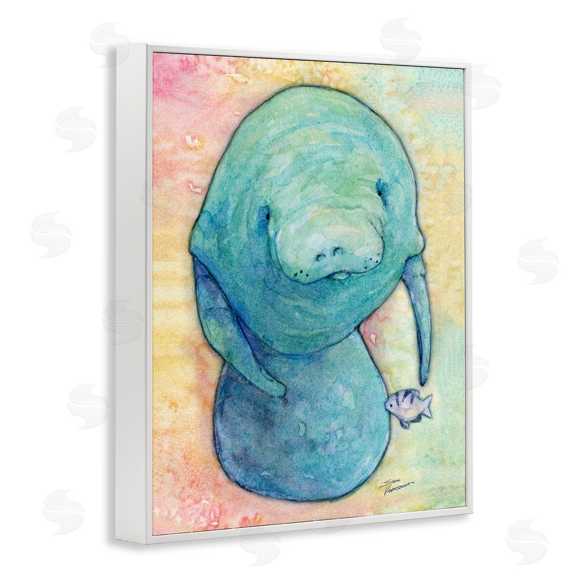Steve Vanderbosch Aquatic Manatee Among Fish Rainbow Watercolor Detail  White Framed Giclee Wall Art Print