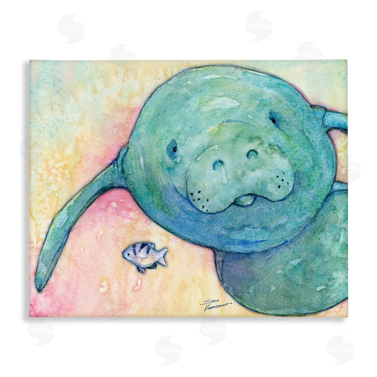 Steve Vanderbosch Smiling Manatee Aquatic Wildlife Fish Rainbow Pattern Stretched Canvas Wall Art Print