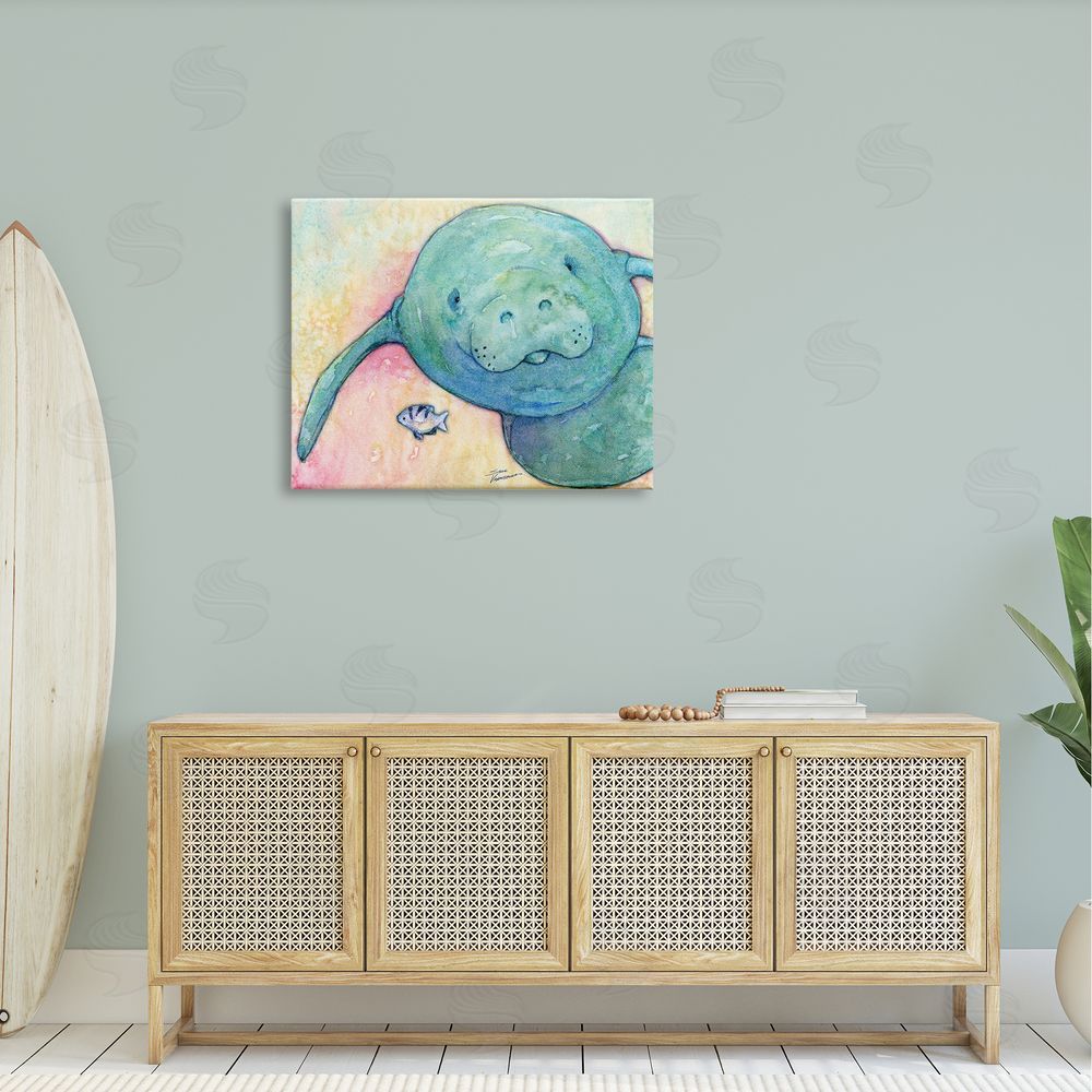 Steve Vanderbosch Smiling Manatee Aquatic Wildlife Fish Rainbow Pattern Canvas Wall Art Print in Room