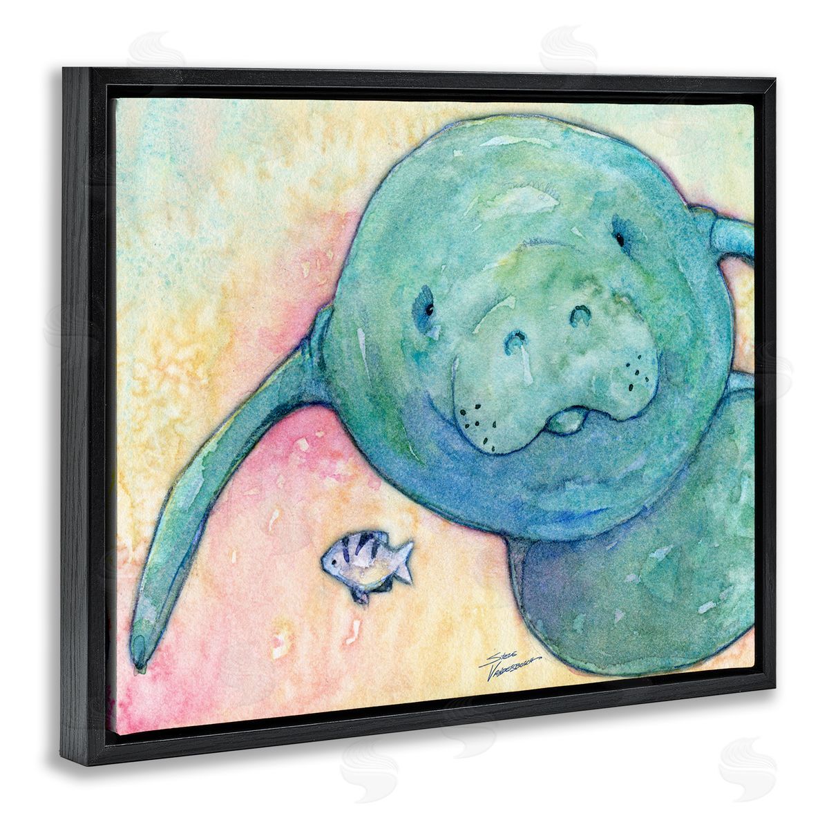 Steve Vanderbosch Smiling Manatee Aquatic Wildlife Fish Rainbow Pattern Black Floating Frame Canvas Wall Art Print