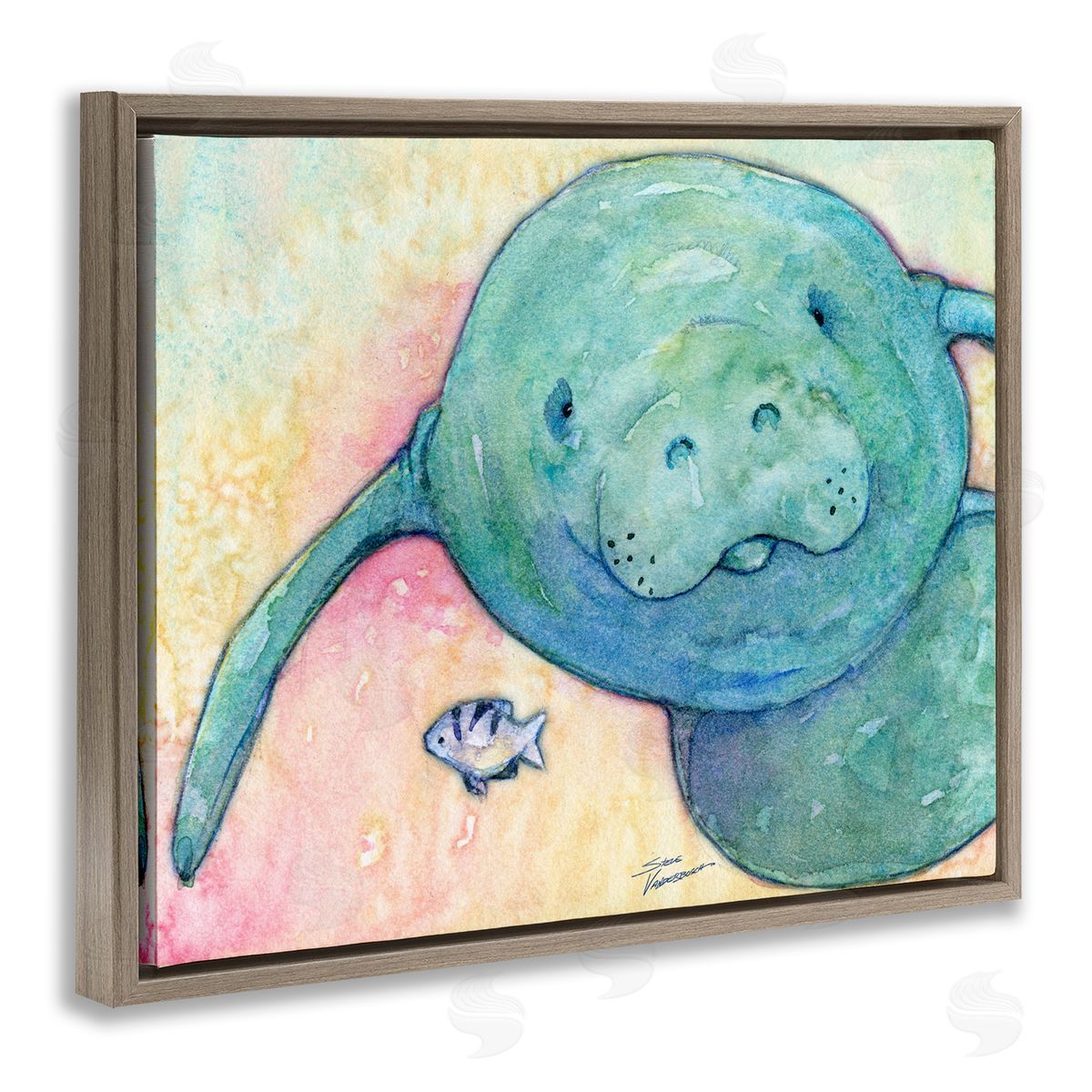 Steve Vanderbosch Smiling Manatee Aquatic Wildlife Fish Rainbow Pattern Brown Floating Frame Canvas Wall Art Print