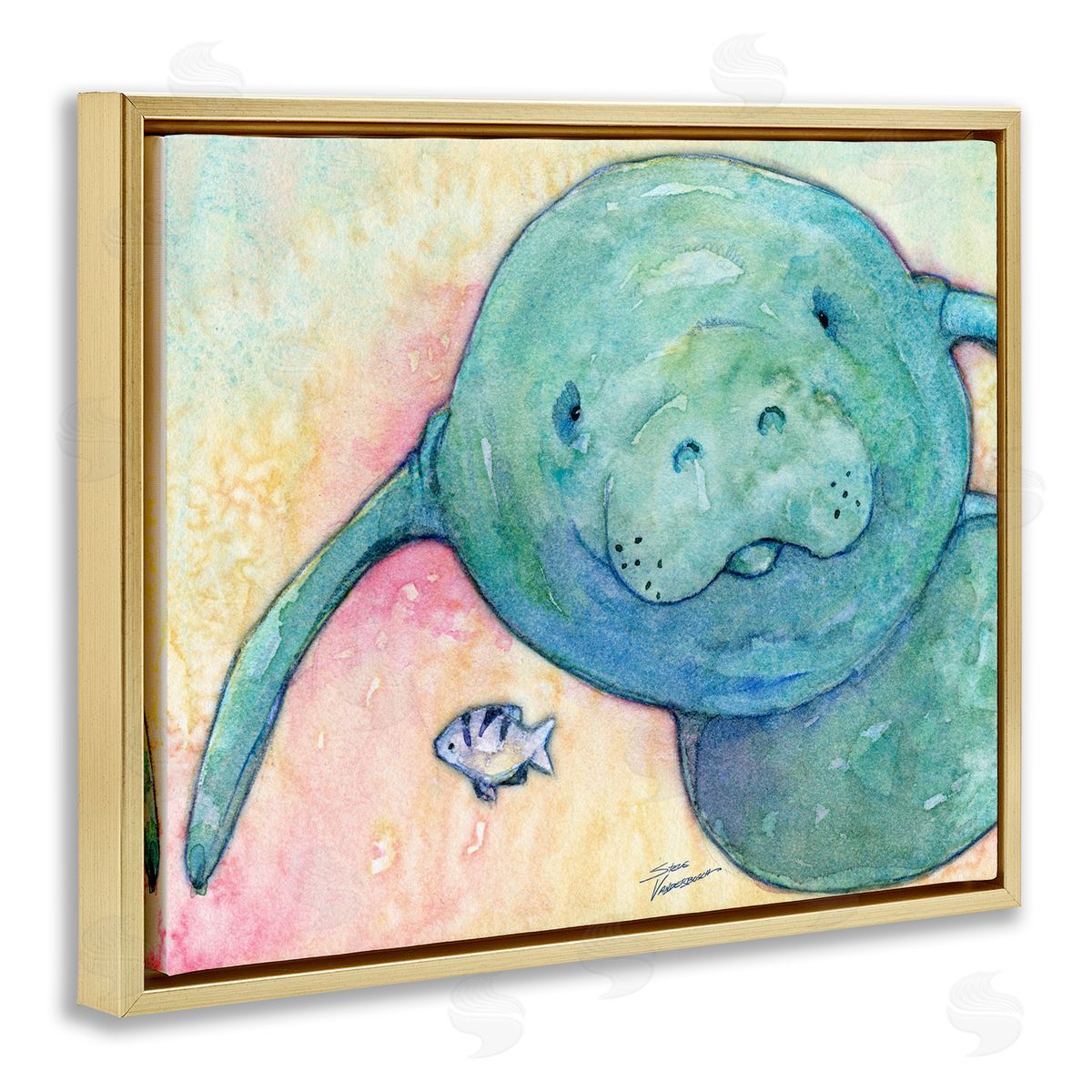 Steve Vanderbosch Smiling Manatee Aquatic Wildlife Fish Rainbow Pattern Gold Floating Frame Canvas Wall Art Print
