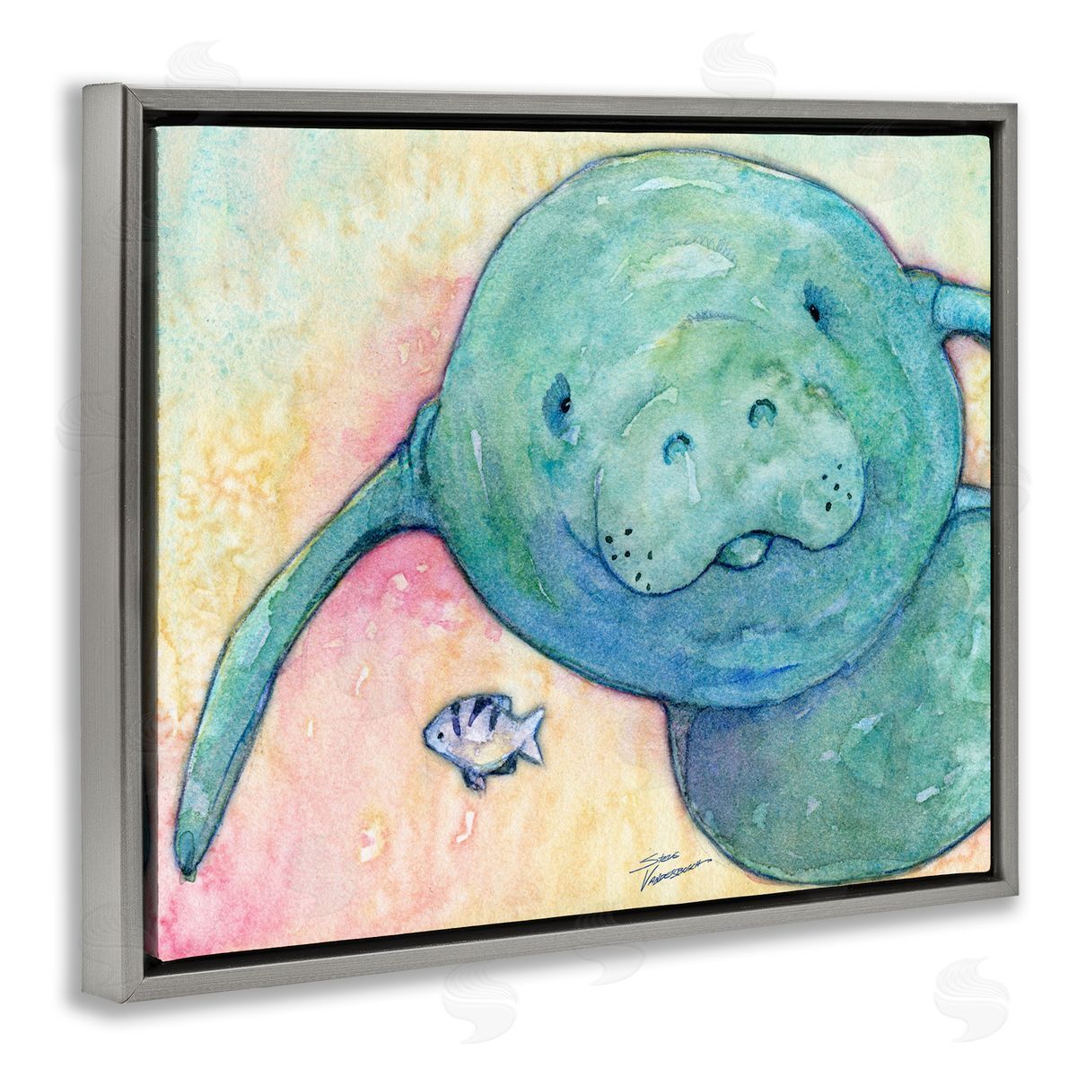 Steve Vanderbosch Smiling Manatee Aquatic Wildlife Fish Rainbow Pattern Gray Floating Frame Canvas Wall Art Print