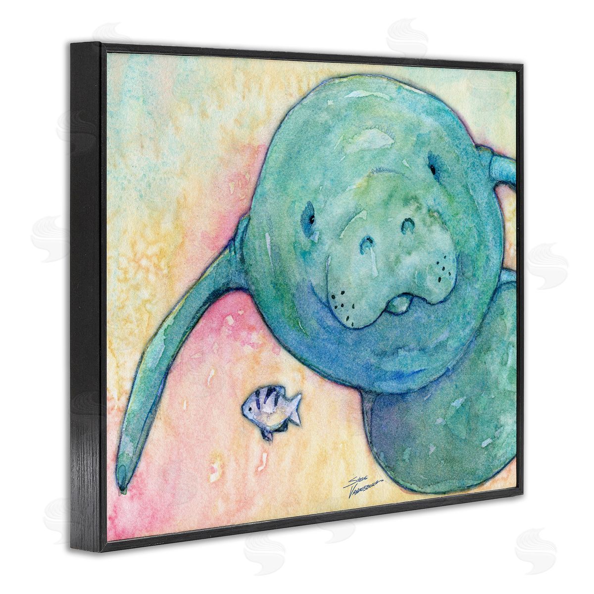 Steve Vanderbosch Smiling Manatee Aquatic Wildlife Fish Rainbow Pattern Black Framed Giclee Wall Art Print