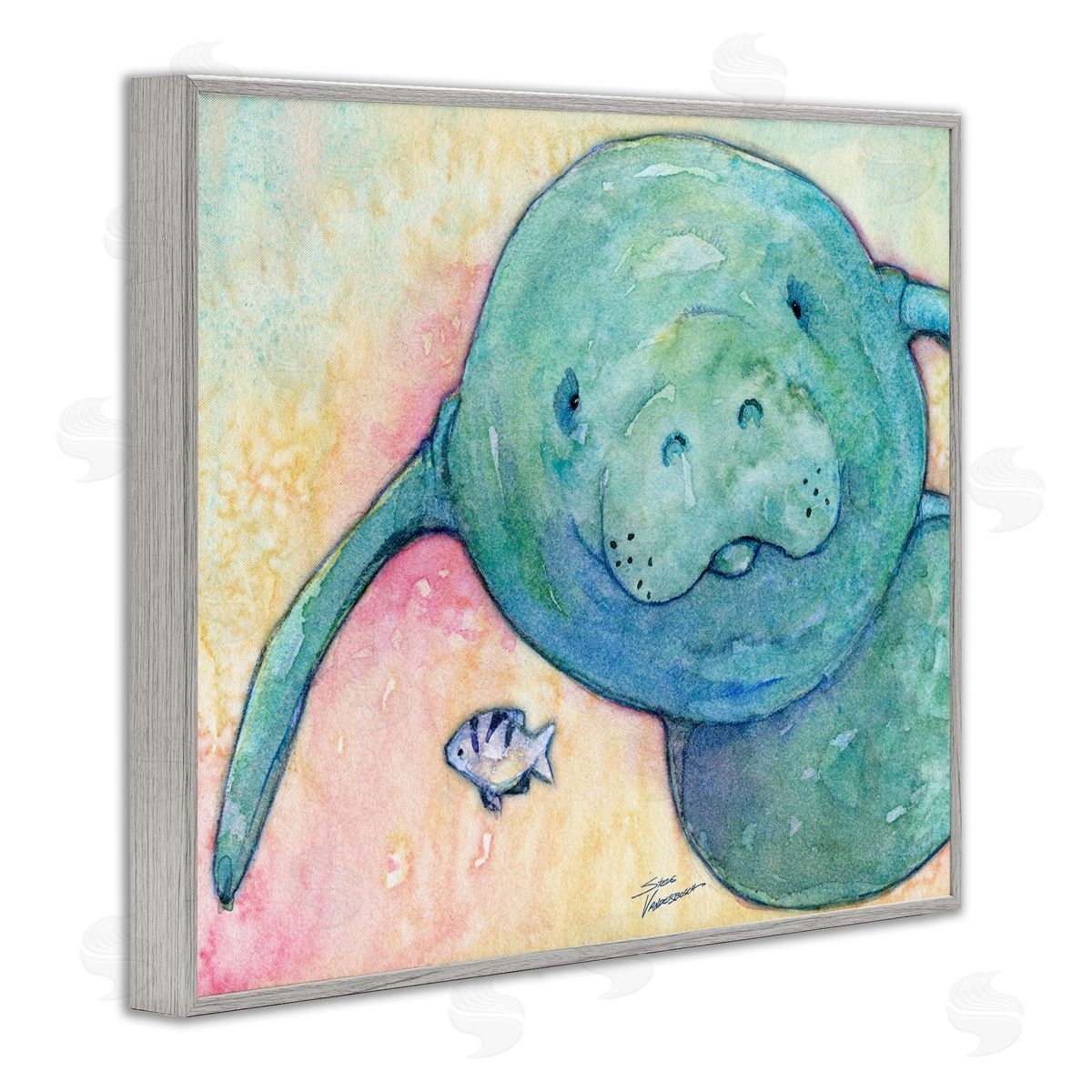 Steve Vanderbosch Smiling Manatee Aquatic Wildlife Fish Rainbow Pattern Gray Framed Giclee Wall Art Print