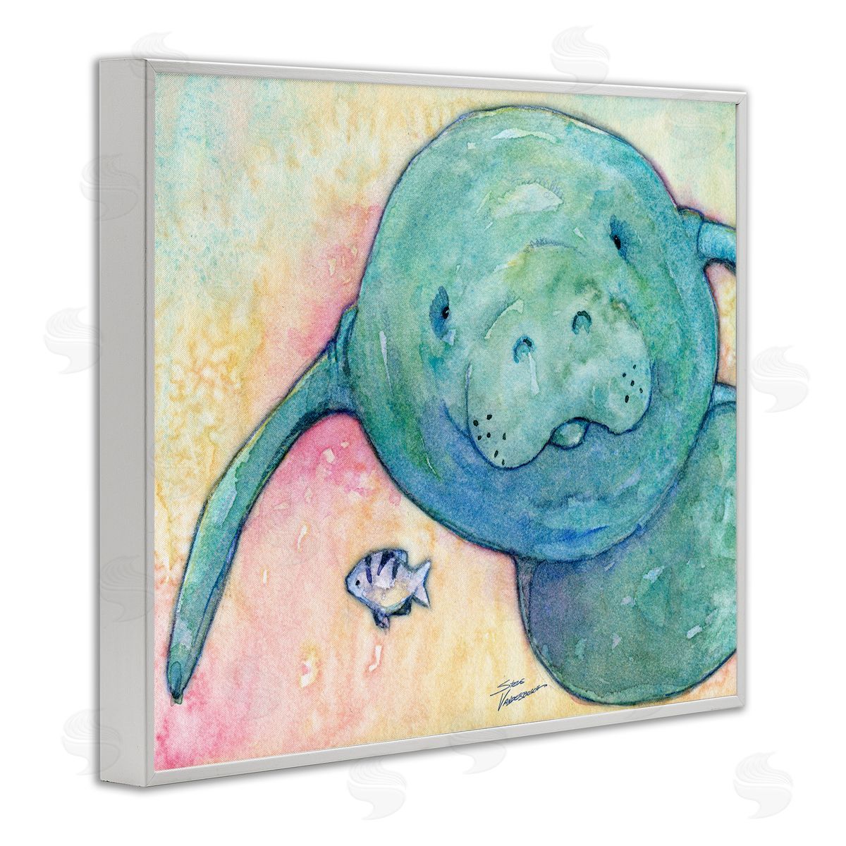 Steve Vanderbosch Smiling Manatee Aquatic Wildlife Fish Rainbow Pattern White Framed Giclee Wall Art Print