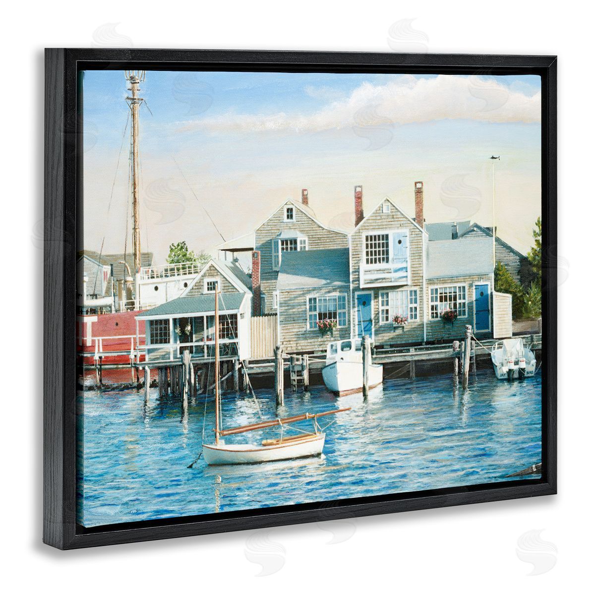 Tom Mielko Relaxing Boats Floating Harbor Marina Ocean Town  Black Floating Frame Canvas Wall Art Print