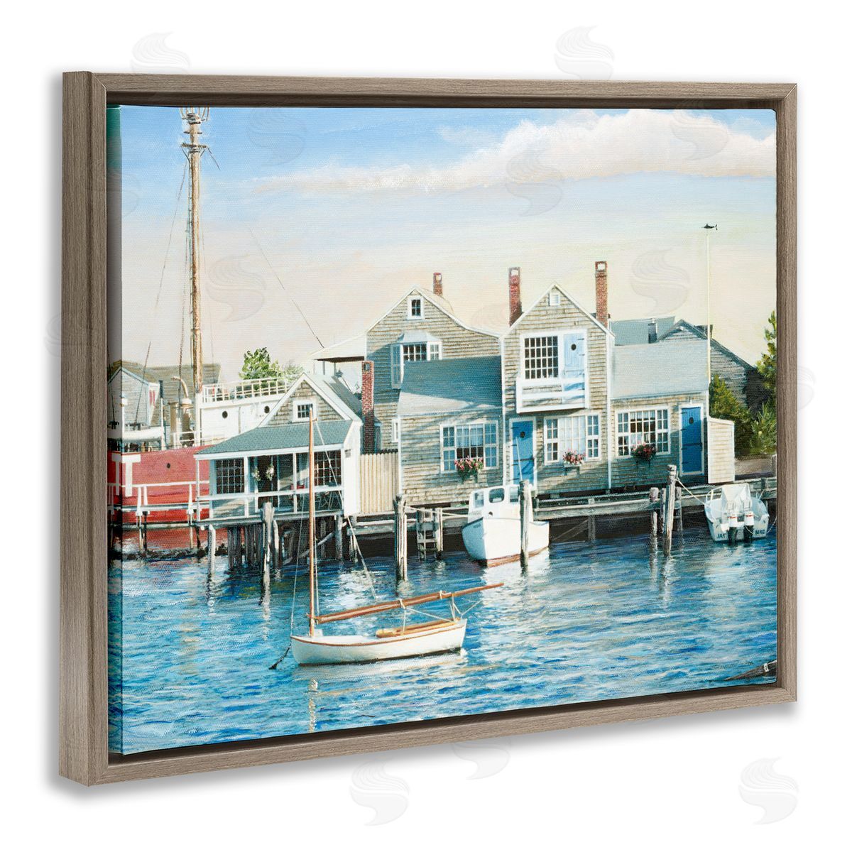 Tom Mielko Relaxing Boats Floating Harbor Marina Ocean Town  Brown Floating Frame Canvas Wall Art Print