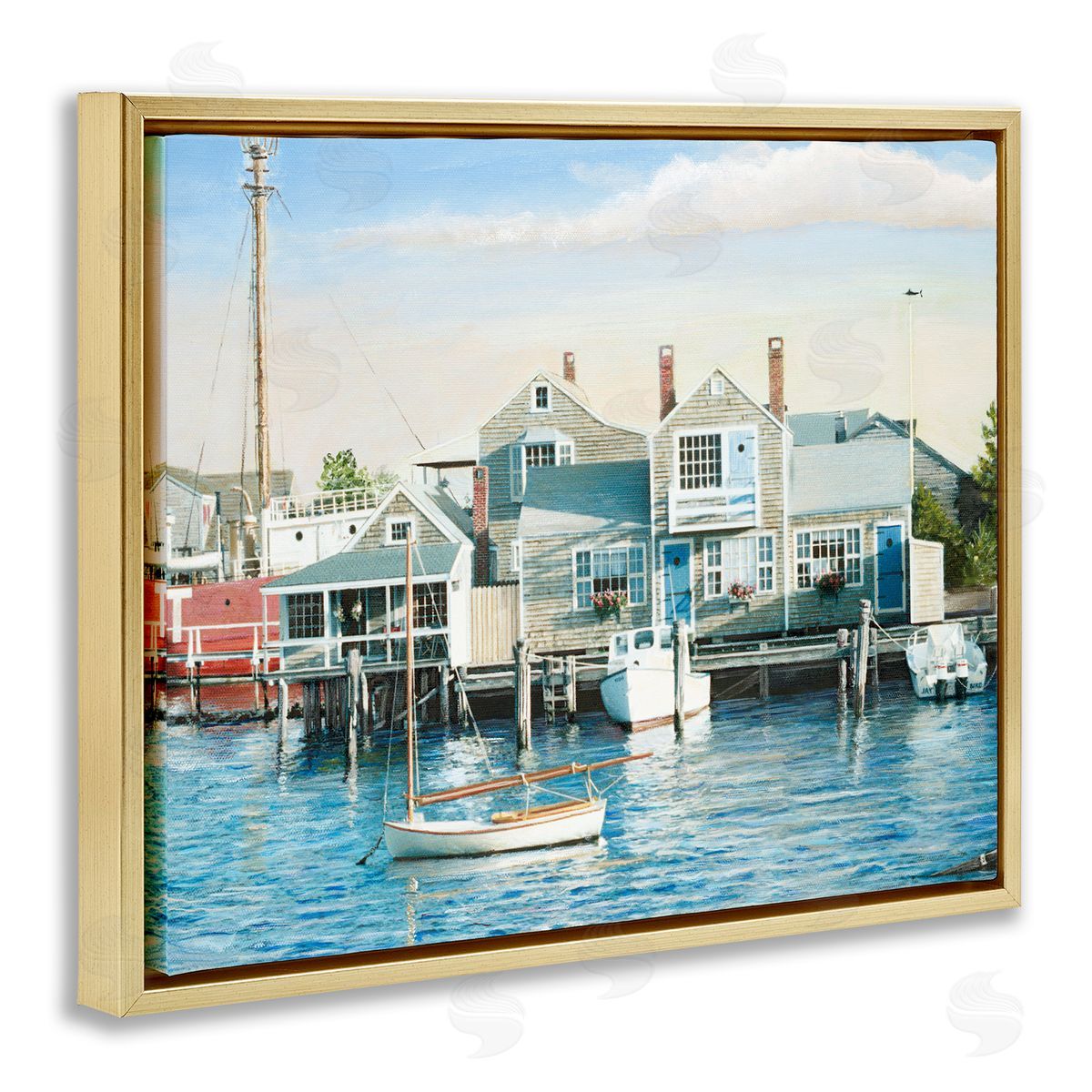 Tom Mielko Relaxing Boats Floating Harbor Marina Ocean Town  Gold Floating Frame Canvas Wall Art Print
