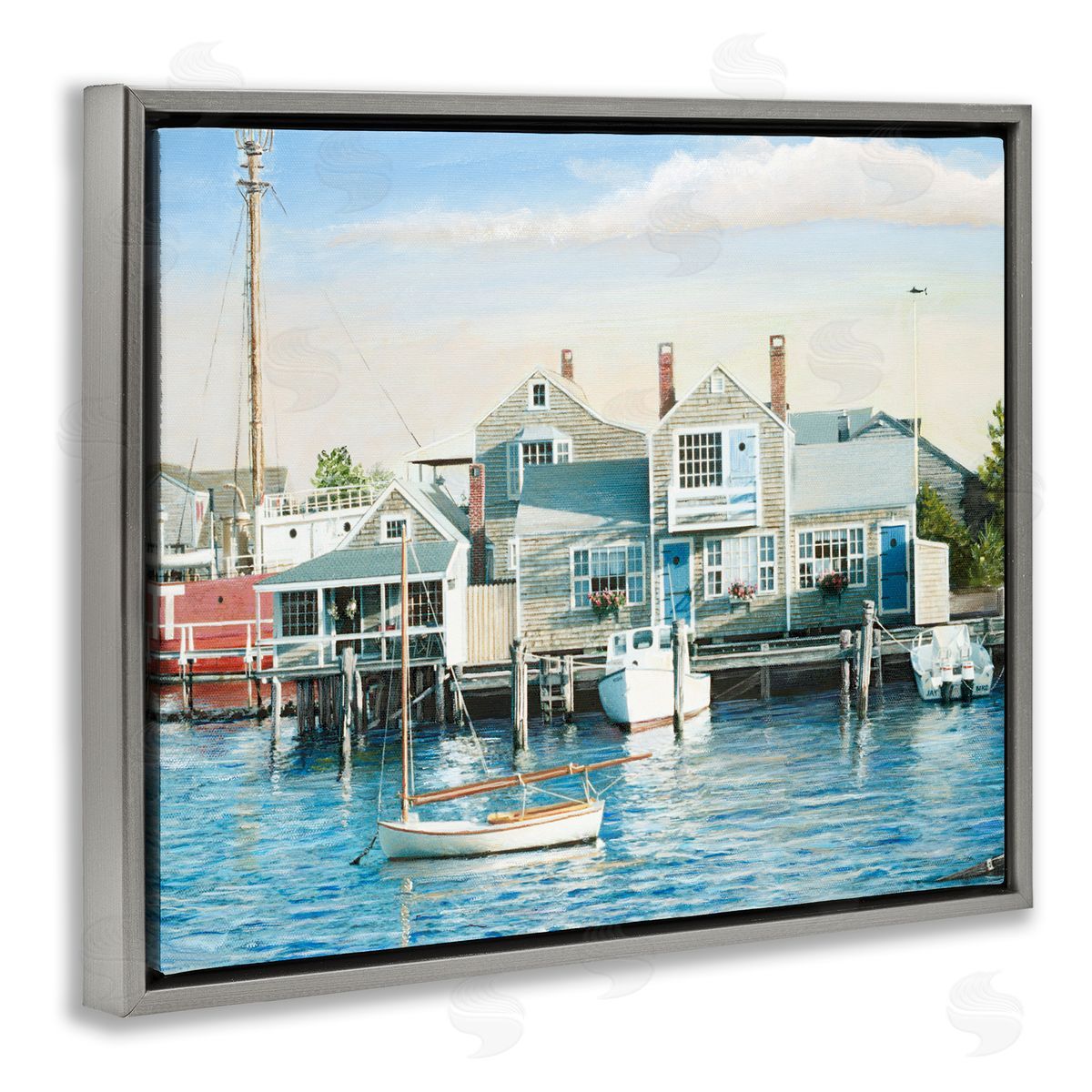 Tom Mielko Relaxing Boats Floating Harbor Marina Ocean Town  Gray Floating Frame Canvas Wall Art Print