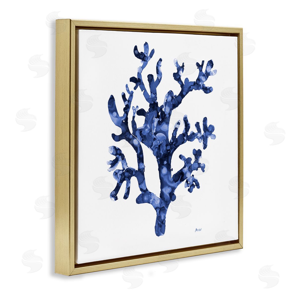 Patti Mann Ocean Coral Plant Sea Life Blue Pattern Gold Floating Frame Canvas Wall Art Print