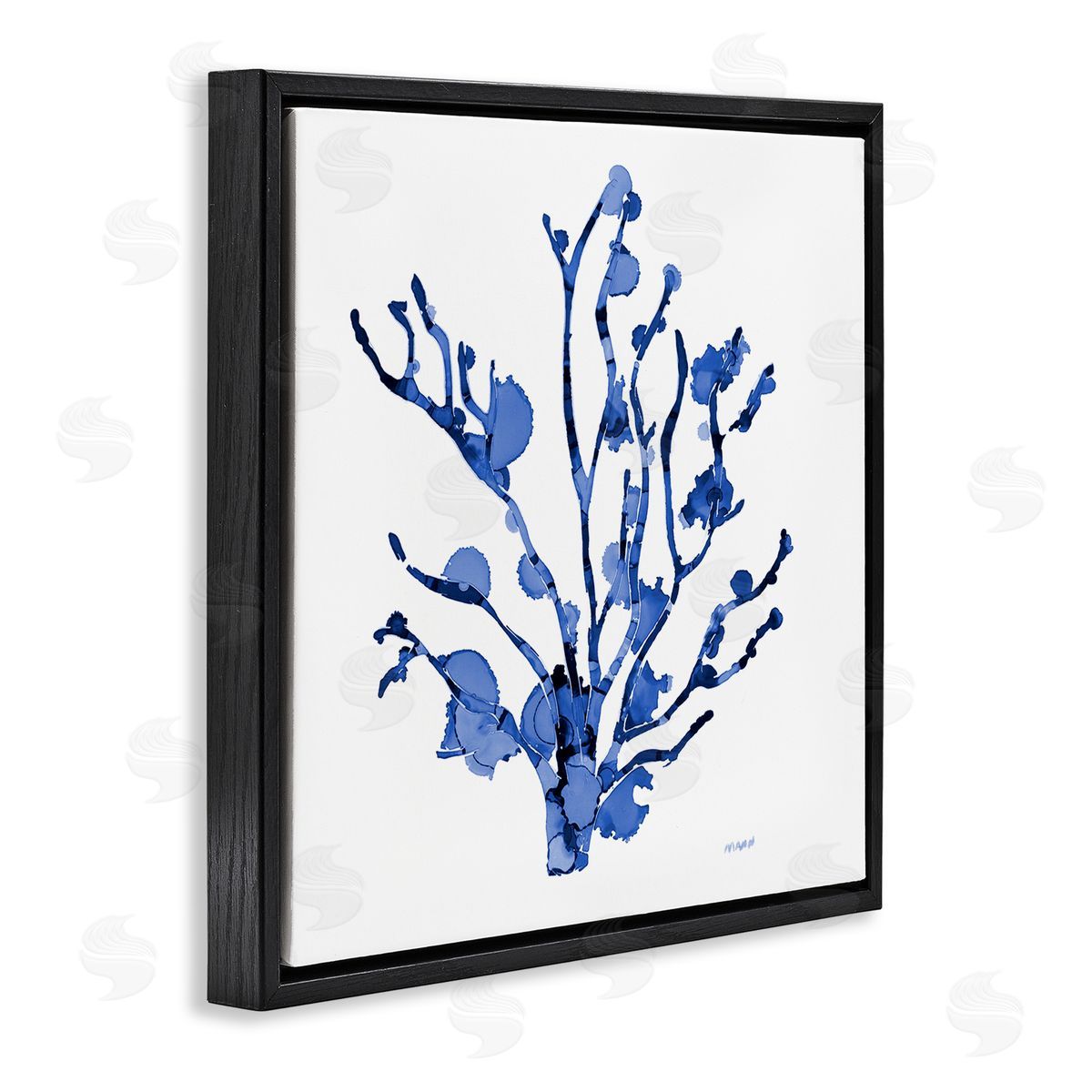 Patti Mann Detailed Coral Sea Life Blue Watery Pattern  Black Floating Frame Canvas Wall Art Print