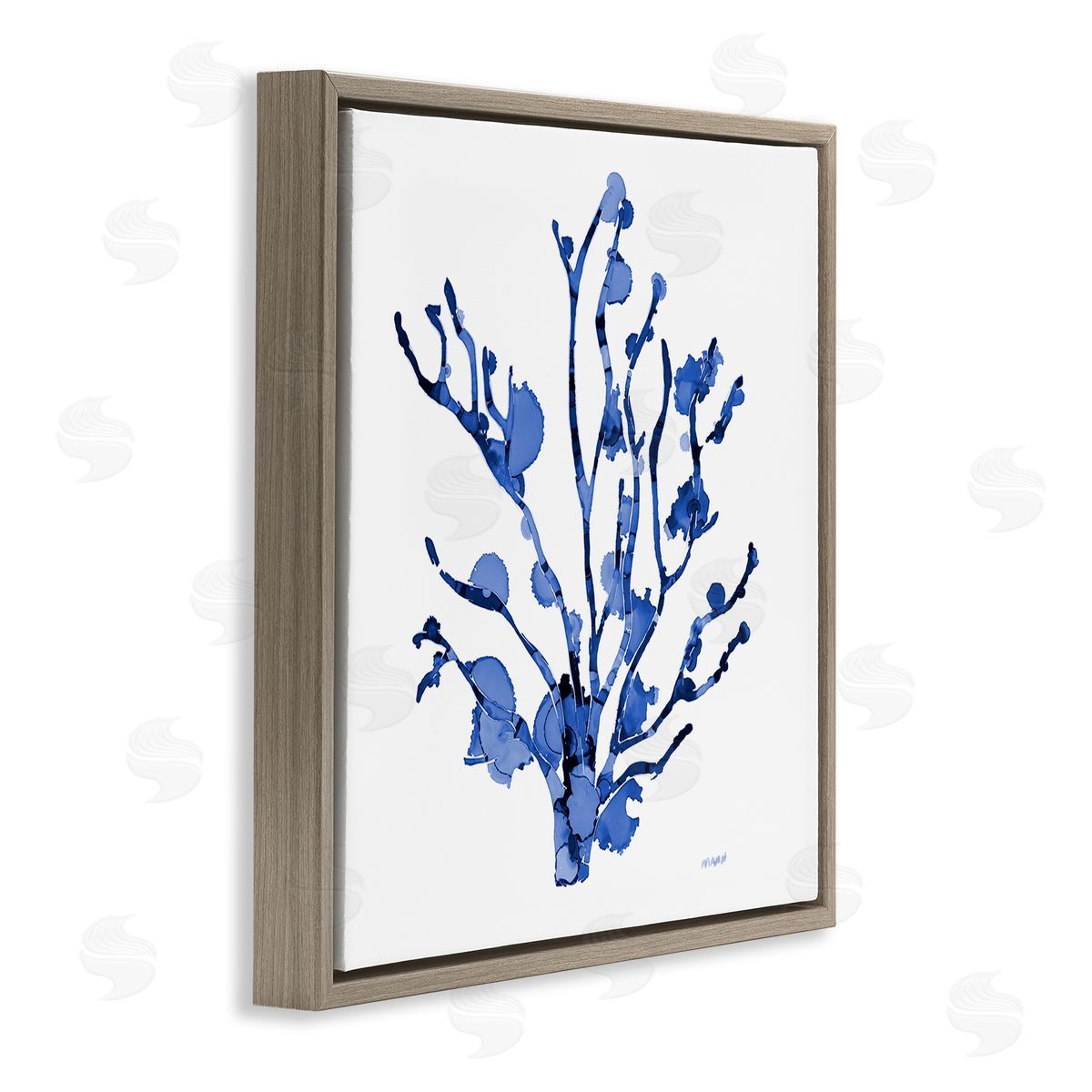 Patti Mann Detailed Coral Sea Life Blue Watery Pattern  Brown Floating Frame Canvas Wall Art Print
