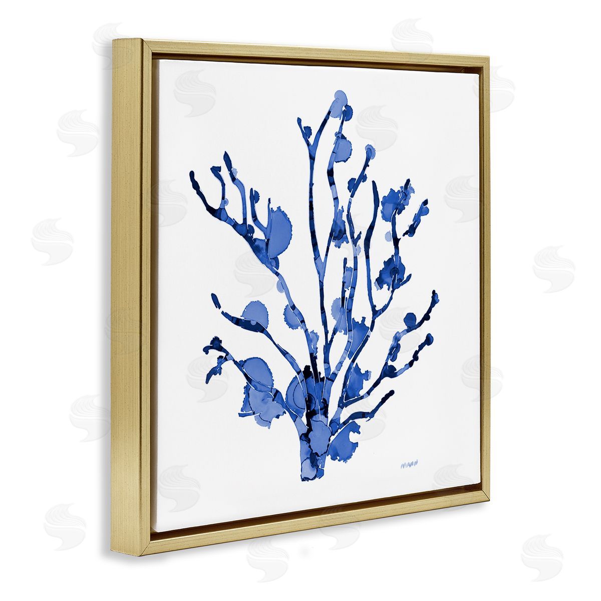 Patti Mann Detailed Coral Sea Life Blue Watery Pattern  Gold Floating Frame Canvas Wall Art Print