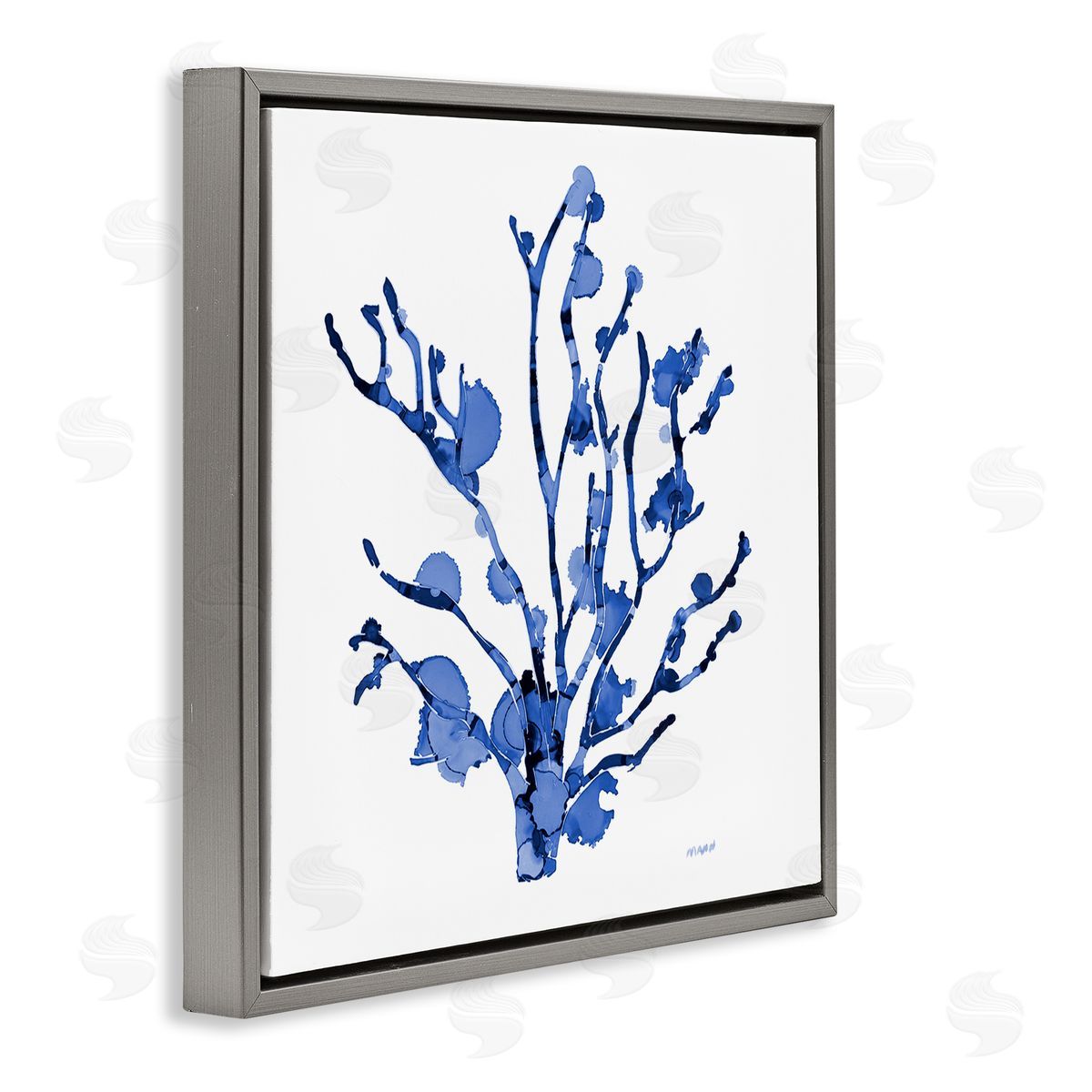 Patti Mann Detailed Coral Sea Life Blue Watery Pattern  Gray Floating Frame Canvas Wall Art Print