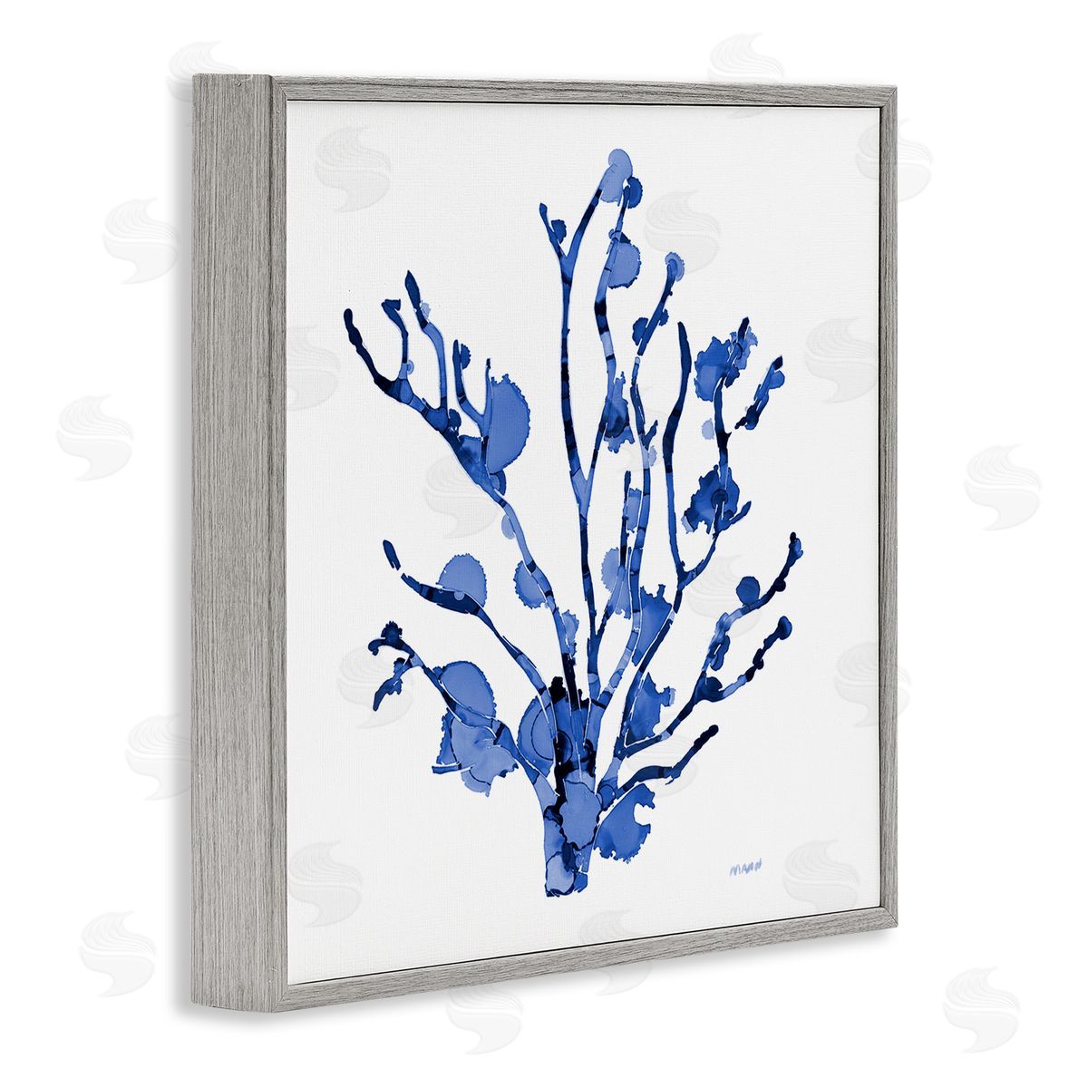 Patti Mann Detailed Coral Sea Life Blue Watery Pattern  Gray Framed Glicee Wall Art Print