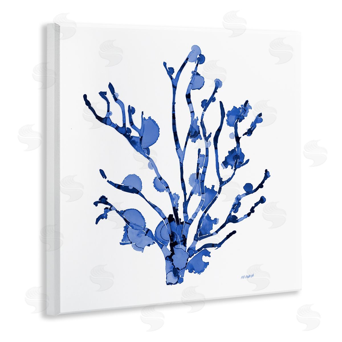 Patti Mann Detailed Coral Sea Life Blue Watery Pattern  Wooden Wall Plaque Art Print