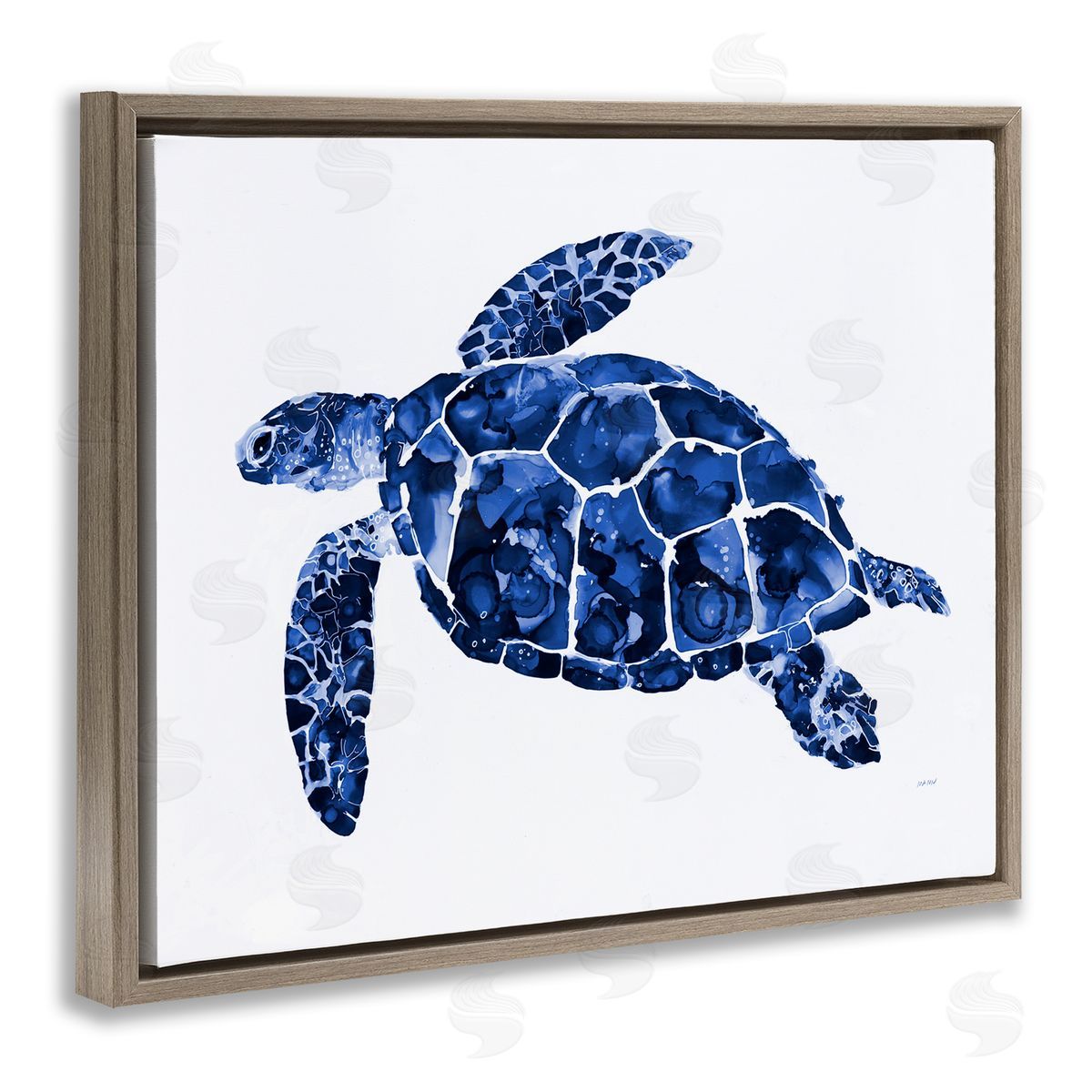 Patti Mann Blue Speckled Sea Turtle Marine Animal Illustration Brown Floating Frame Canvas Wall Art Print