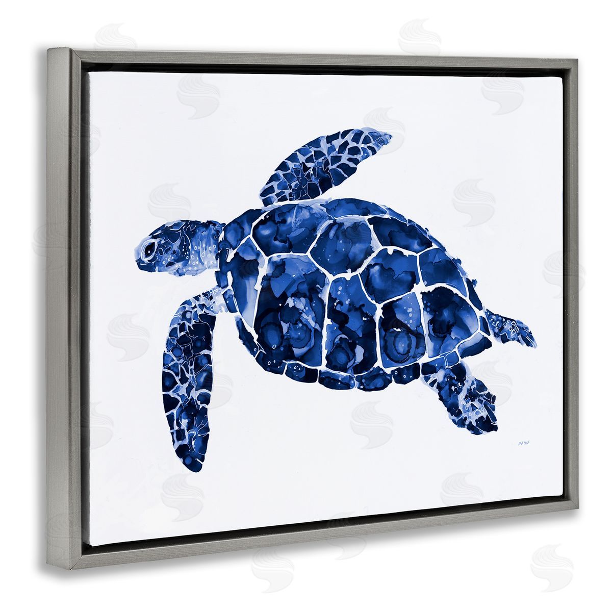 Patti Mann Blue Speckled Sea Turtle Marine Animal Illustration Gray Floating Frame Canvas Wall Art Print