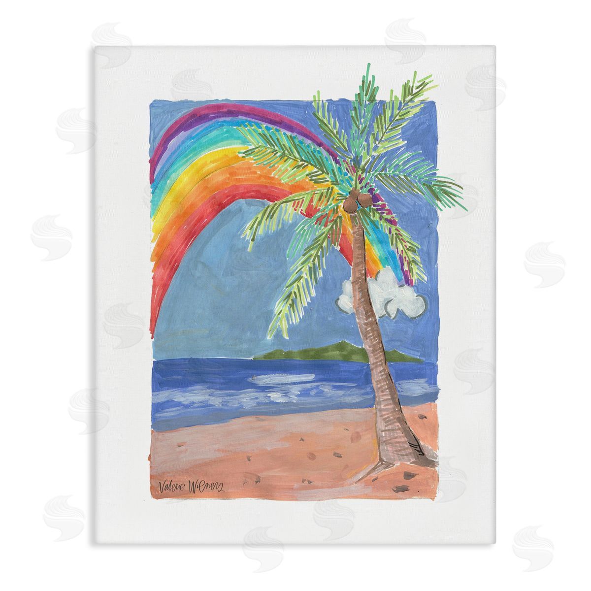 Valerie Wieners Whimsical Rainbow Over Beach Tropical Palm Tree Stretched Canvas Wall Art Print