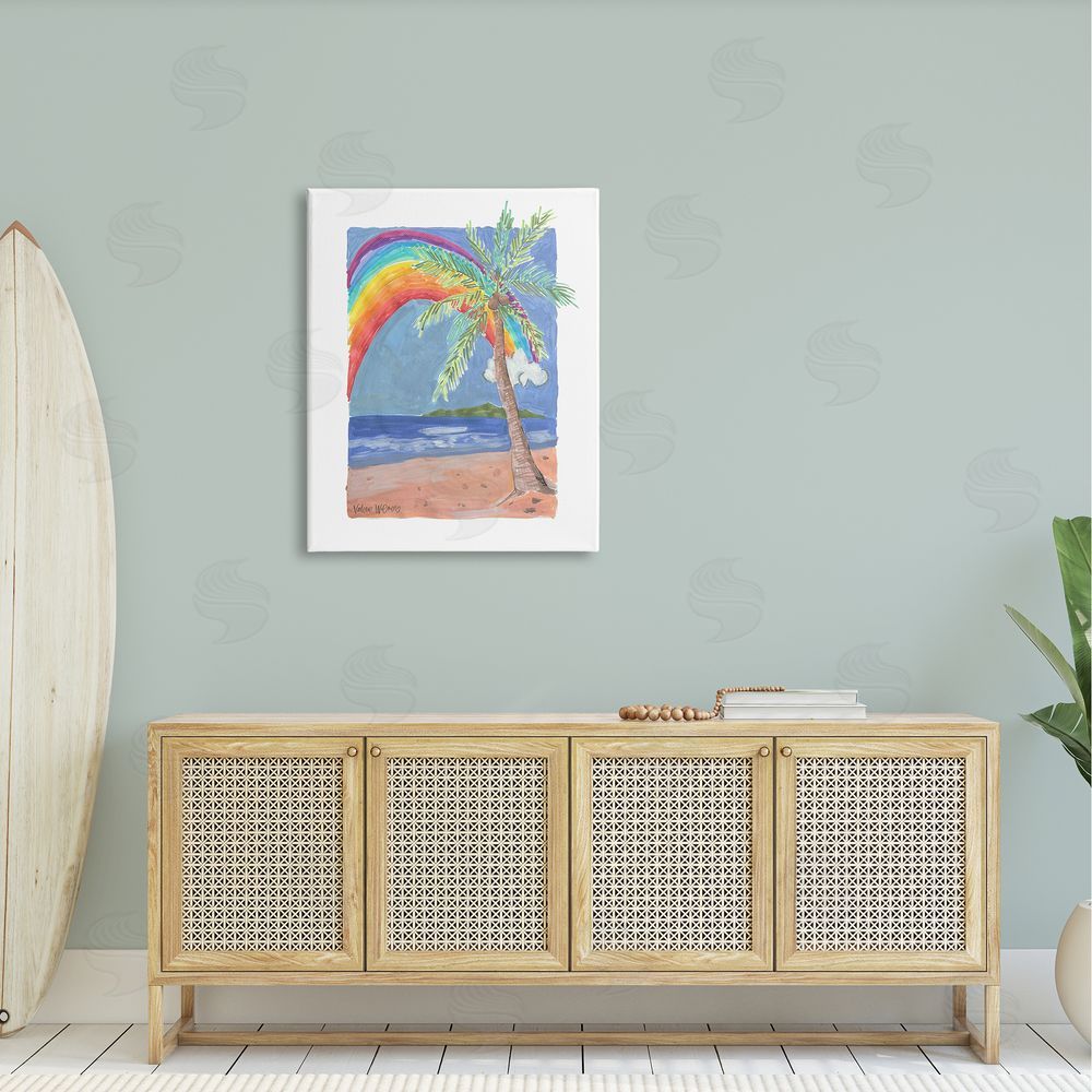 Valerie Wieners Whimsical Rainbow Over Beach Tropical Palm Tree Canvas Wall Art Print in Room