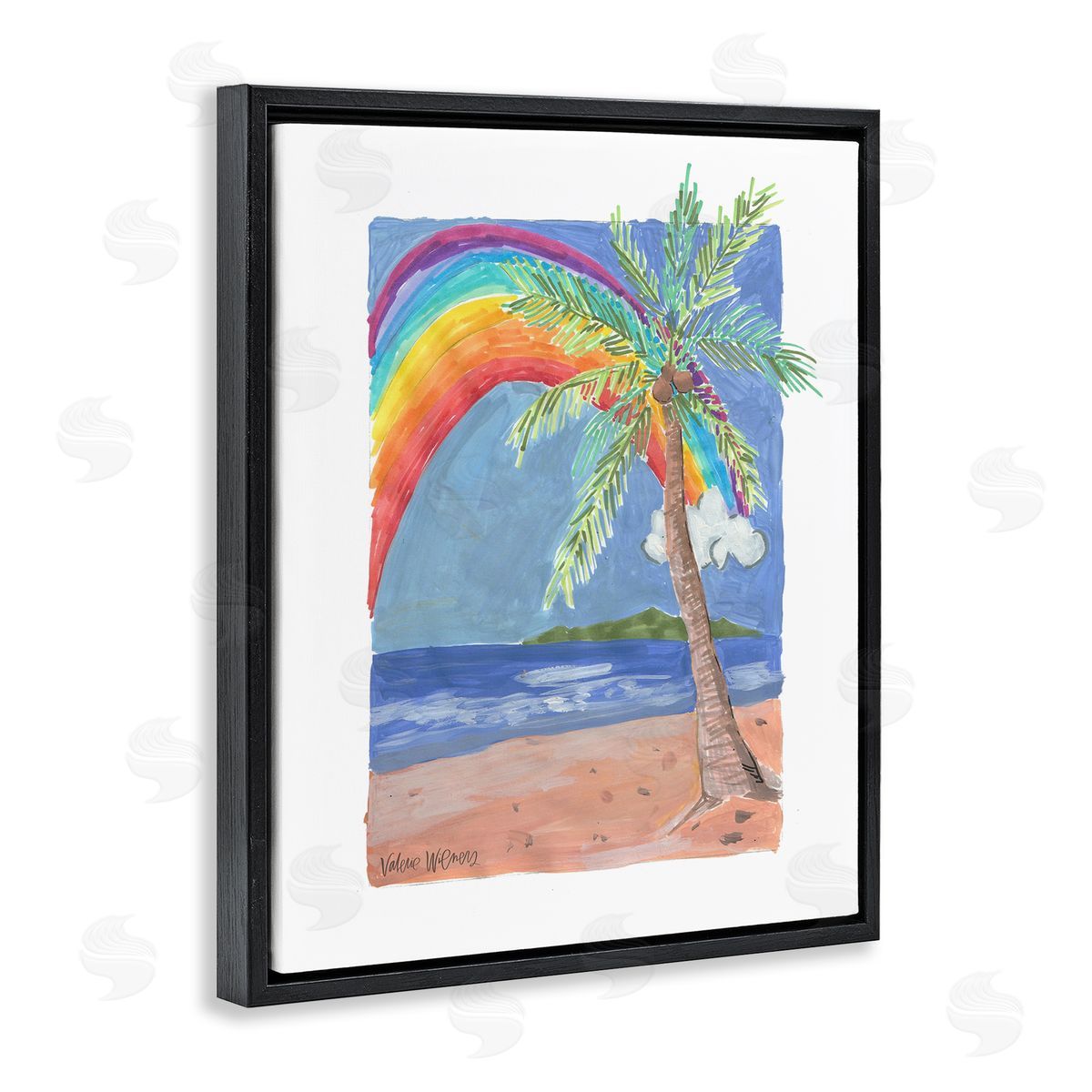 Valerie Wieners Whimsical Rainbow Over Beach Tropical Palm Tree Black Floating Frame Canvas Wall Art Print