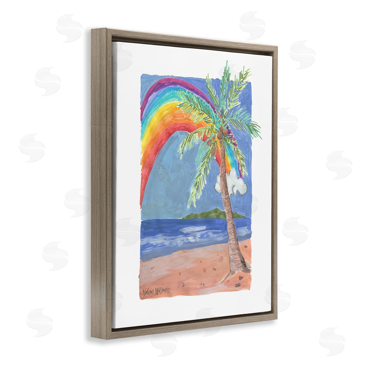 Valerie Wieners Whimsical Rainbow Over Beach Tropical Palm Tree Brown Floating Frame Canvas Wall Art Print