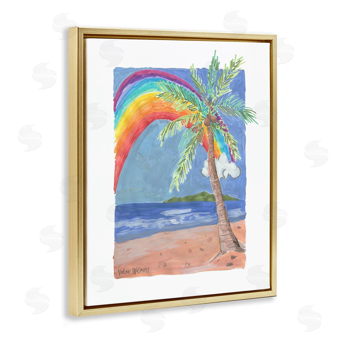 Valerie Wieners Whimsical Rainbow Over Beach Tropical Palm Tree Gold Floating Frame Canvas Wall Art Print