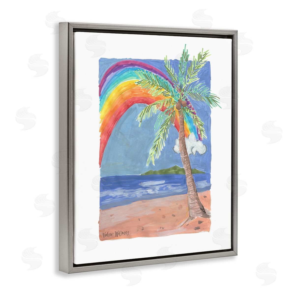 Valerie Wieners Whimsical Rainbow Over Beach Tropical Palm Tree Gray Floating Frame Canvas Wall Art Print