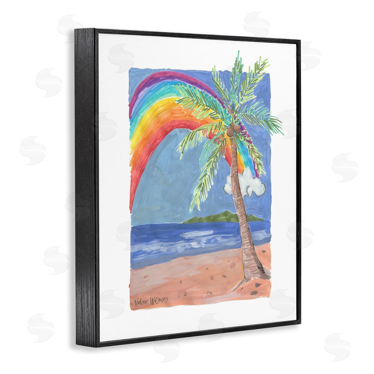 Valerie Wieners Whimsical Rainbow Over Beach Tropical Palm Tree Black Framed Giclee Wall Art Print