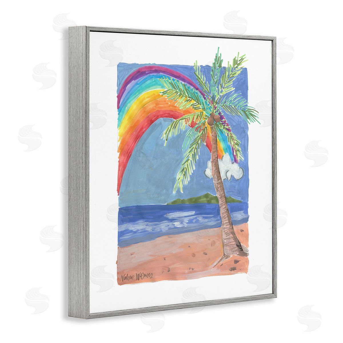 Valerie Wieners Whimsical Rainbow Over Beach Tropical Palm Tree Gray Framed Giclee Wall Art Print