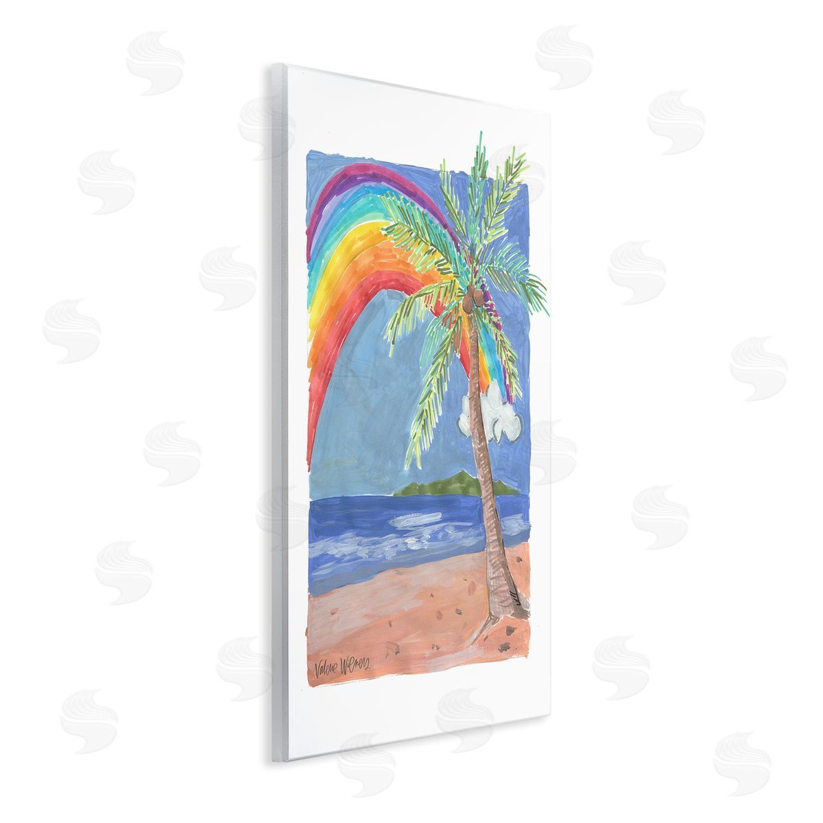 Valerie Wieners Whimsical Rainbow Over Beach Tropical Palm Tree Wall Plaque Art Print