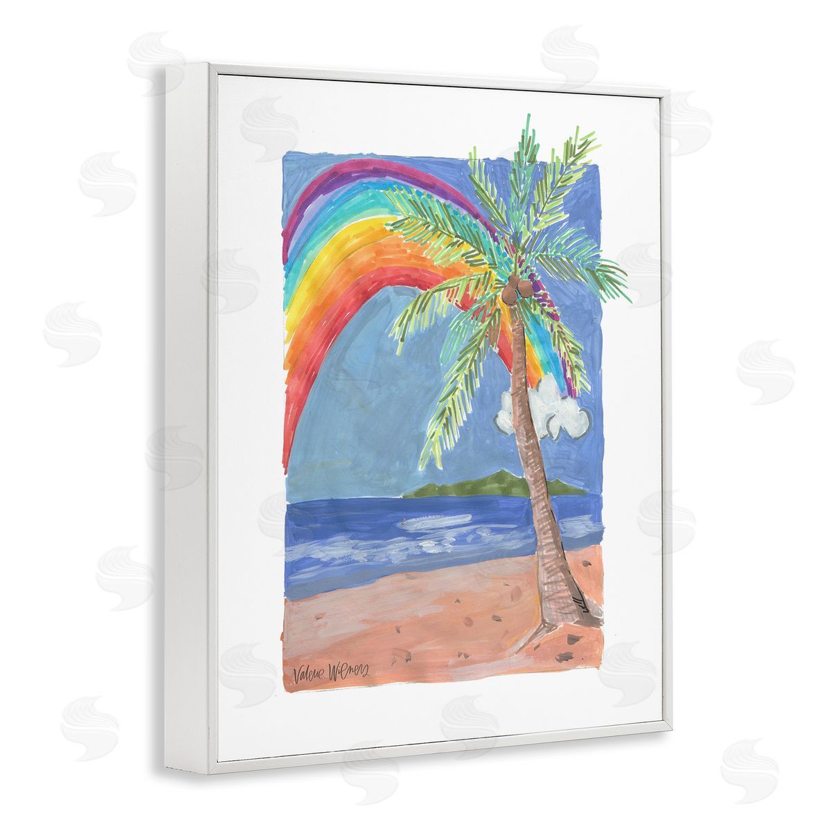 Valerie Wieners Whimsical Rainbow Over Beach Tropical Palm Tree White Framed Giclee Wall Art Print