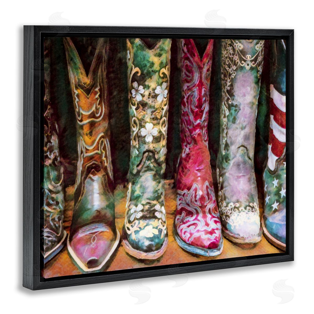 Cowboy Boots Various Bold Designs Black Floating Frame Canvas Wall Art, Home Decor by Graffitee Studios