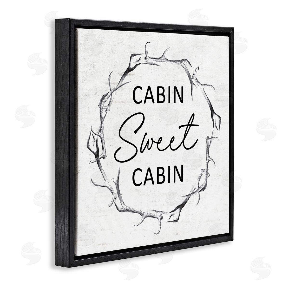 Lettered and Lined Sweet Cabin Phrase Wildlife Deer Antlers Border  Black Floating Frame Canvas Wall Art Print