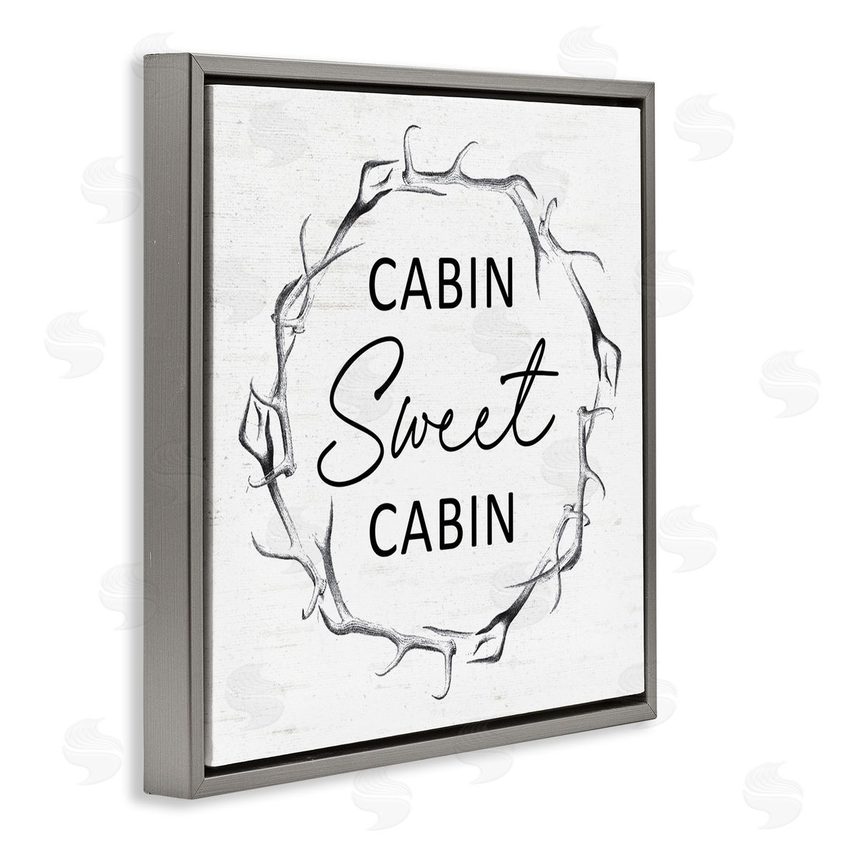 Lettered and Lined Sweet Cabin Phrase Wildlife Deer Antlers Border  Gray Floating Frame Canvas Wall Art Print