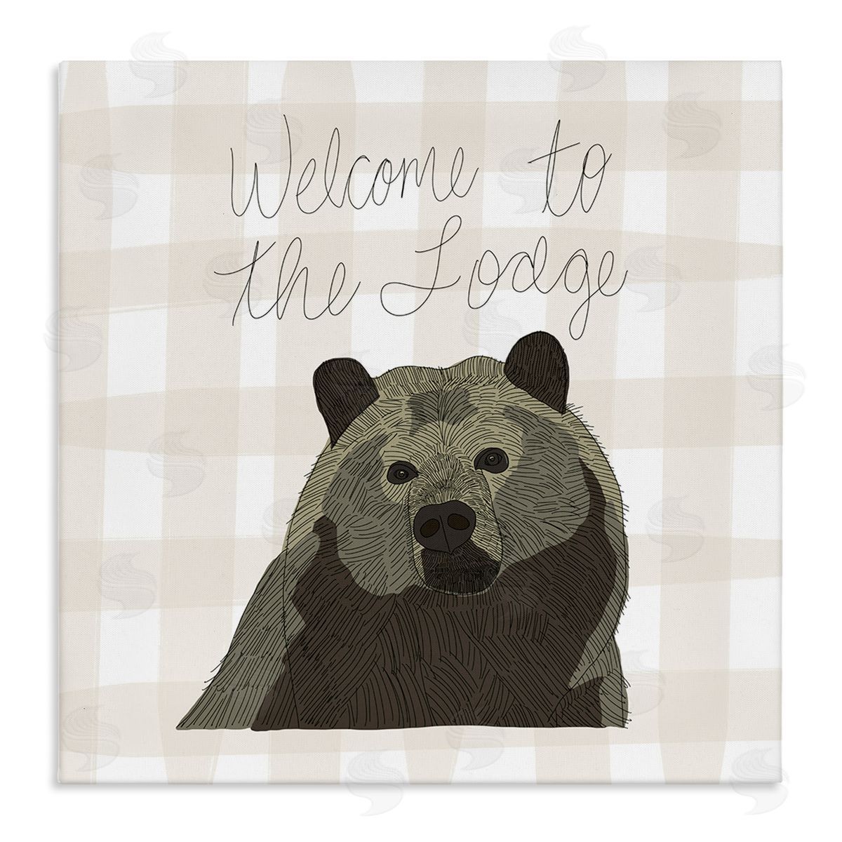 Tara Moss Welcome to the Lodge Cabin Entrance Bear Tartan Stretched Canvas Wall Art Print