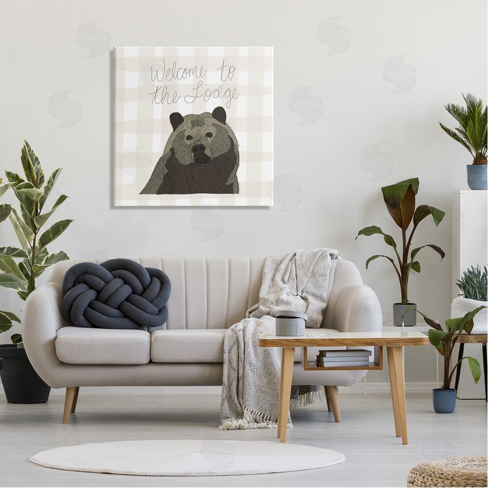 Tara Moss Welcome to the Lodge Cabin Entrance Bear Tartan Canvas Wall Art in Room
