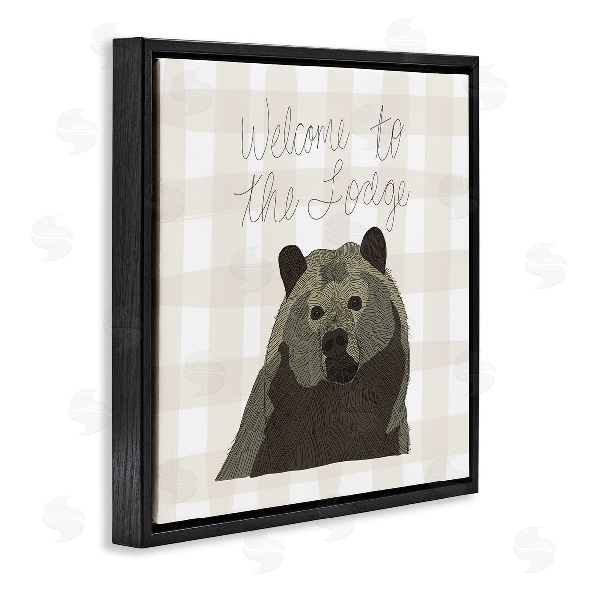 Tara Moss Welcome to the Lodge Cabin Entrance Bear Tartan Black Floating Frame Canvas Wall Art Print