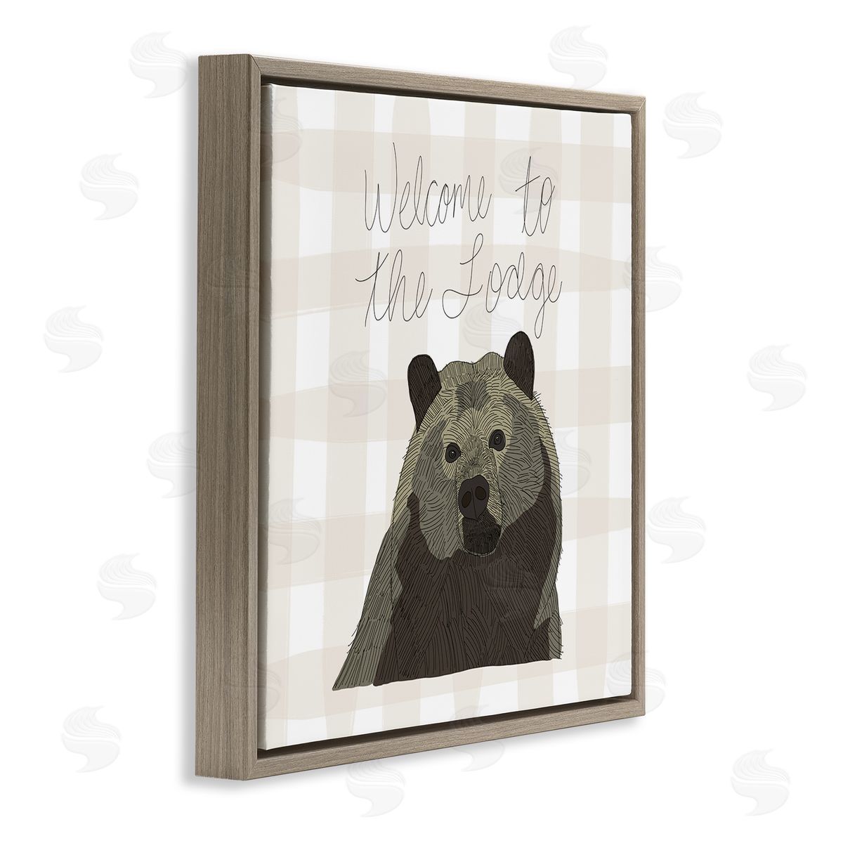 Tara Moss Welcome to the Lodge Cabin Entrance Bear Tartan Brown Floating Frame Canvas Wall Art Print