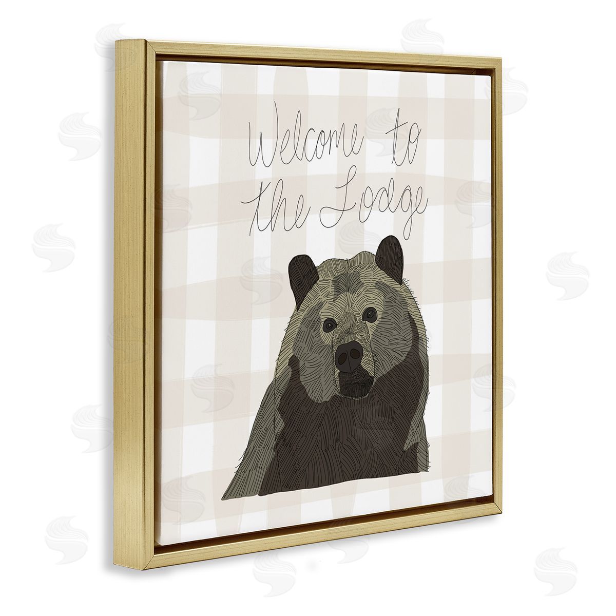 Tara Moss Welcome to the Lodge Cabin Entrance Bear Tartan Gold Floating Frame Canvas Wall Art Print
