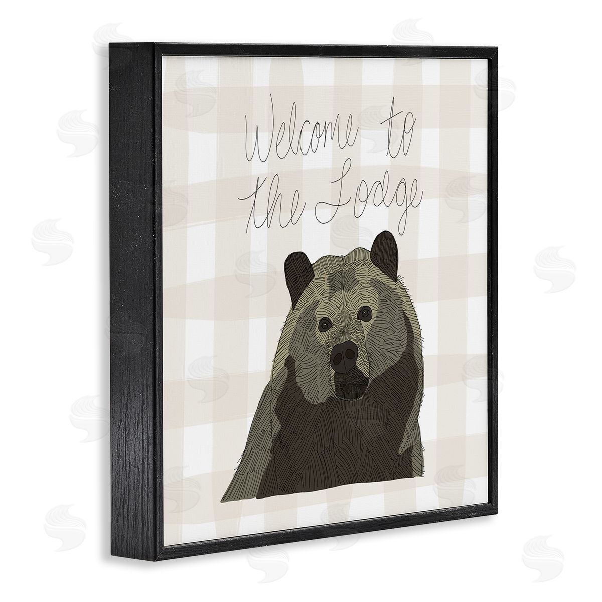 Tara Moss Welcome to the Lodge Cabin Entrance Bear Tartan Black Framed Glicee Wall Art Print