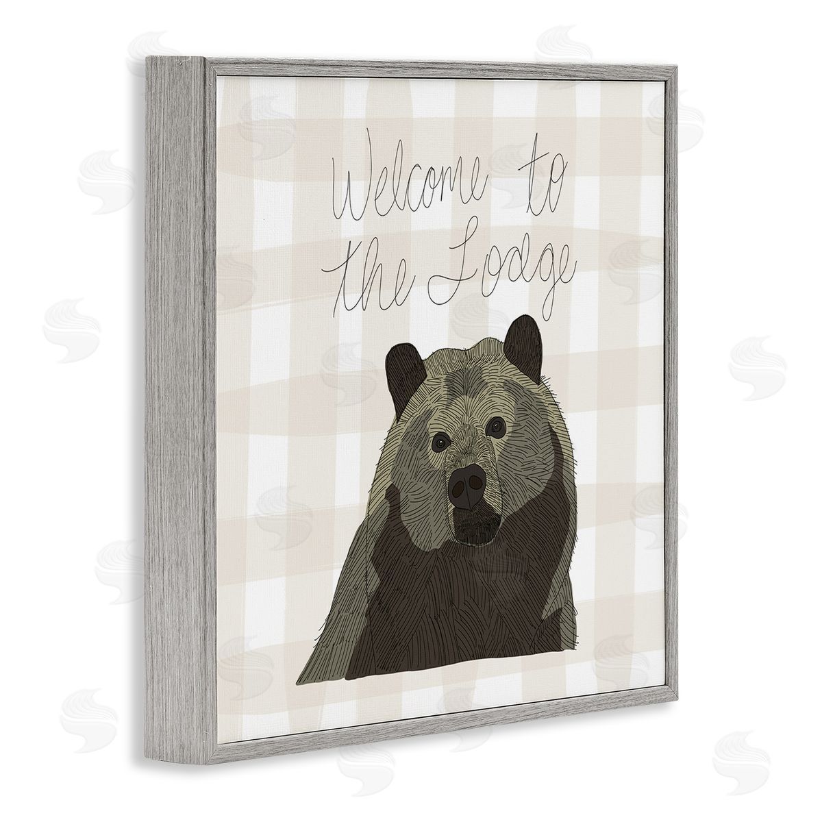 Tara Moss Welcome to the Lodge Cabin Entrance Bear Tartan Gray Framed Glicee Wall Art Print