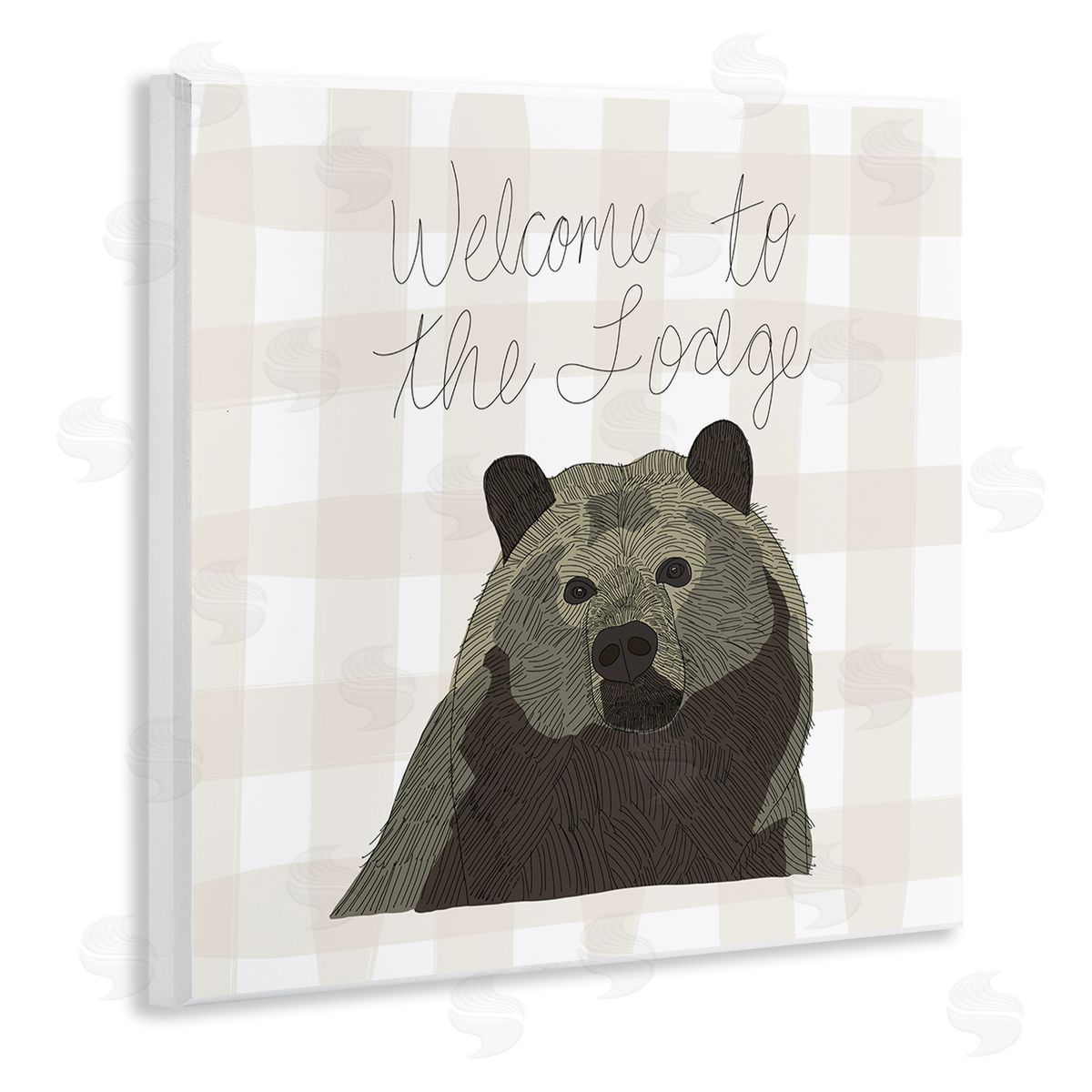 Tara Moss Welcome to the Lodge Cabin Entrance Bear Tartan Wooden Wall Plaque Art Print