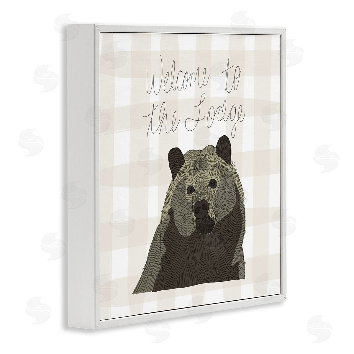 Tara Moss Welcome to the Lodge Cabin Entrance Bear Tartan White Framed Glicee Wall Art Print