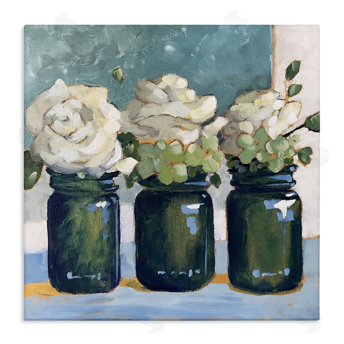 Sue Riger White Roses Country Jars Floral Arrangement Bouquets Stretched Canvas Wall Art Print