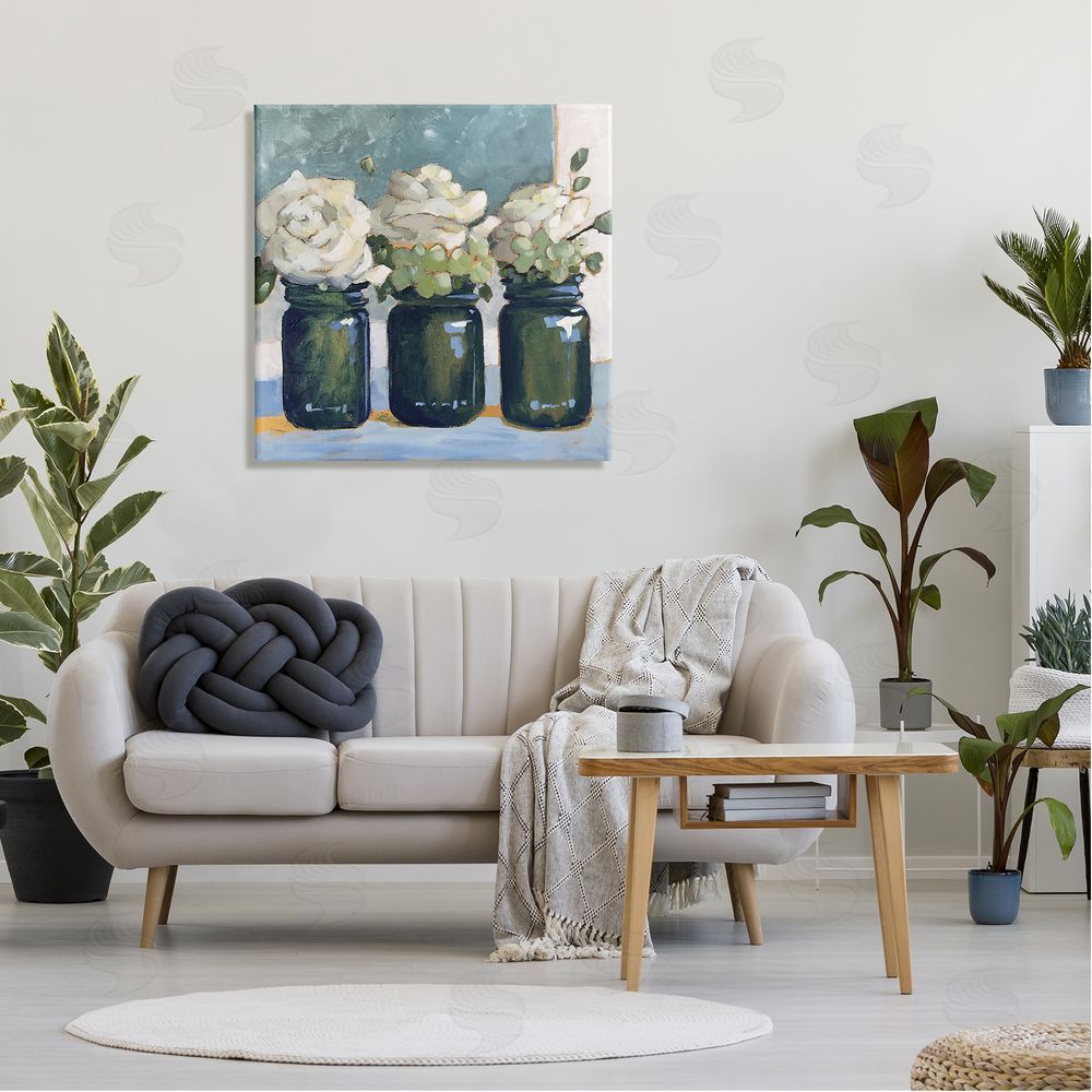Sue Riger White Roses Country Jars Floral Arrangement Bouquets Canvas Wall Art in Room