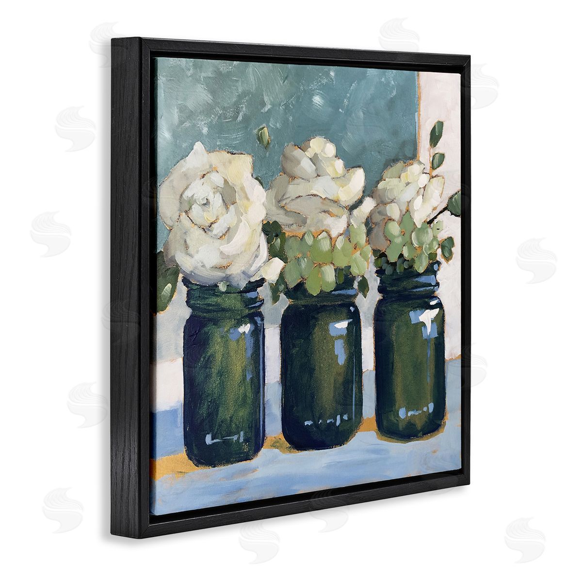 Sue Riger White Roses Country Jars Floral Arrangement Bouquets Black Floating Frame Canvas Wall Art Print