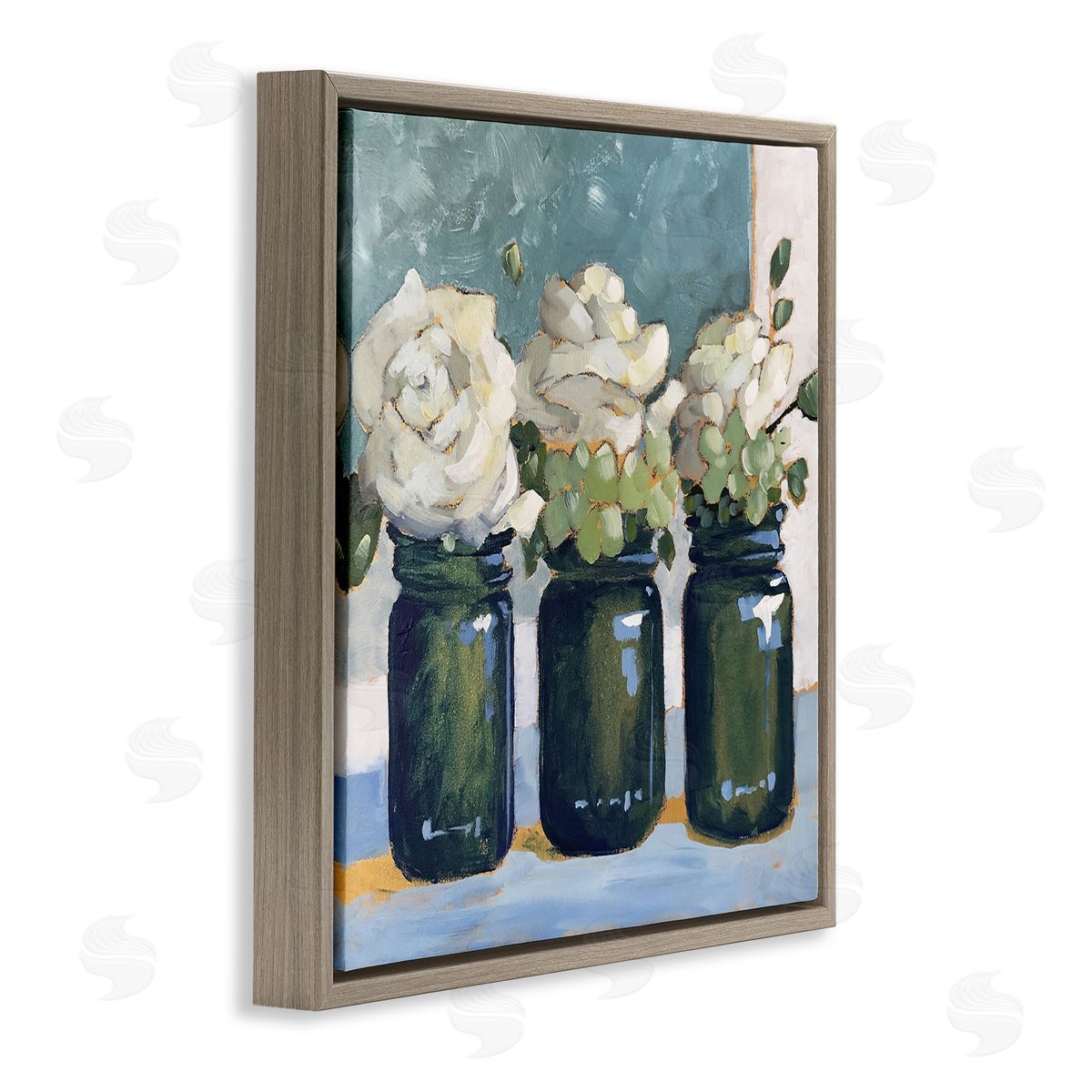 Sue Riger White Roses Country Jars Floral Arrangement Bouquets Brown Floating Frame Canvas Wall Art Print