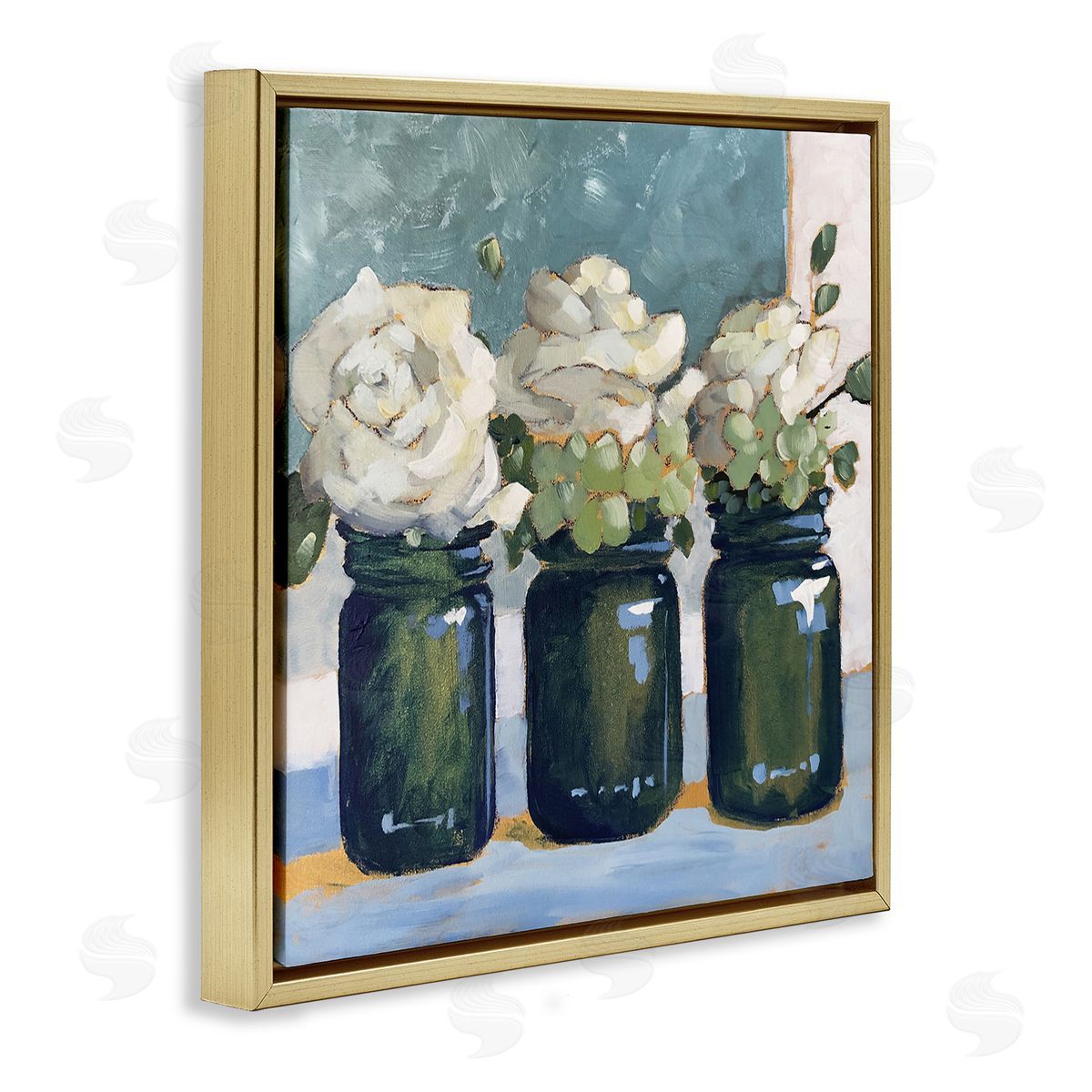 Sue Riger White Roses Country Jars Floral Arrangement Bouquets Gold Floating Frame Canvas Wall Art Print